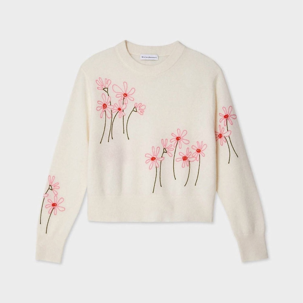 White + Warren Floral Cashmere Embroidered Crewneck Tee In Soft White New Small